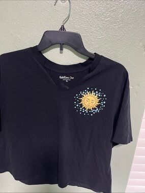 Rebellious One Black Tee with Yellow Sun and Light Blue Stars